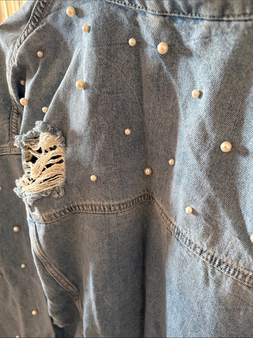 Free people Pearl-Embellished Distressed Light Blue Denim Jacket - Picture 7 of 7